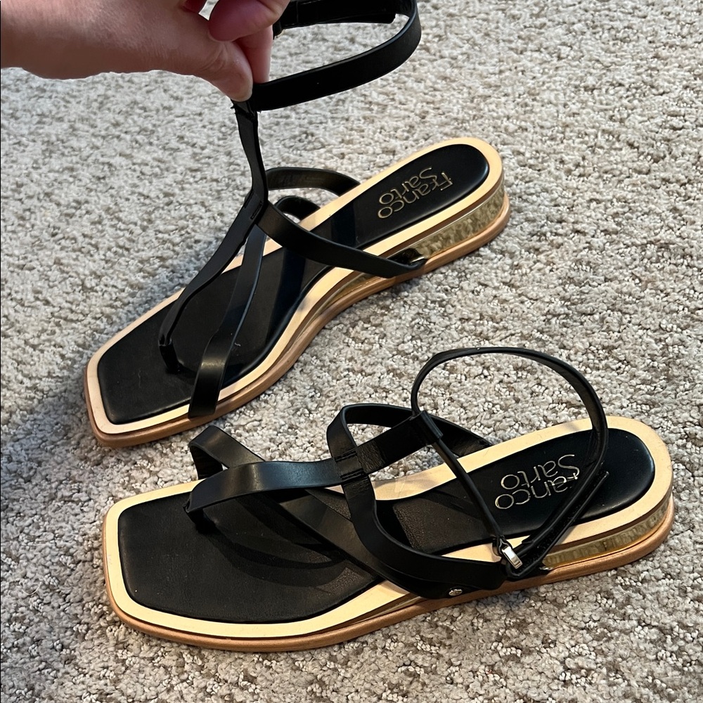 Franco Sarto Black and Tan Strappy Sandals